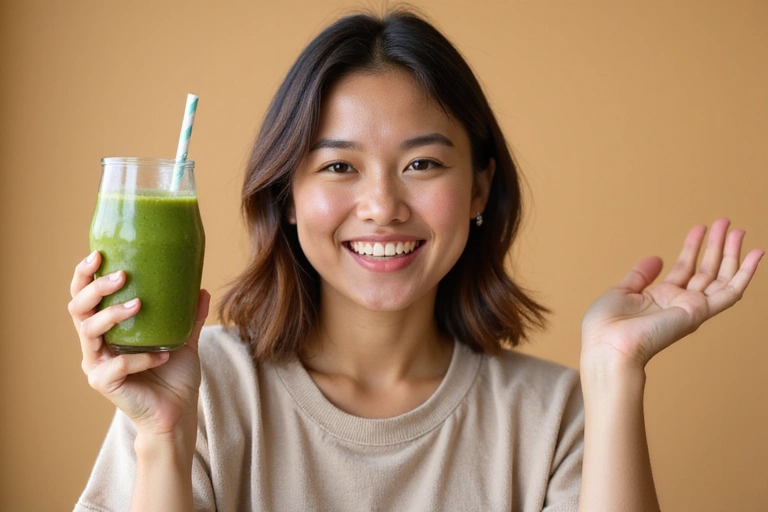 A person smiling and holding a healthy smoothie, representing wellness and connection.