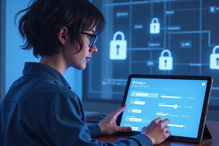 Illustration of a person reviewing their privacy settings on a digital device