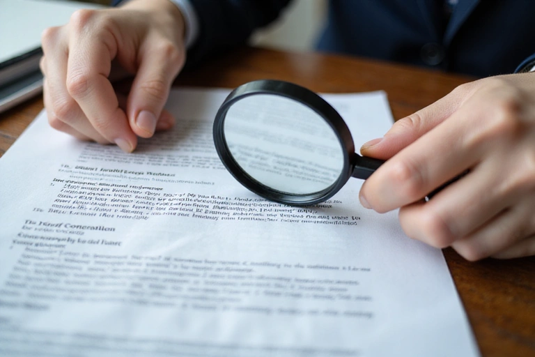 Person reading a legal document with a magnifying glass